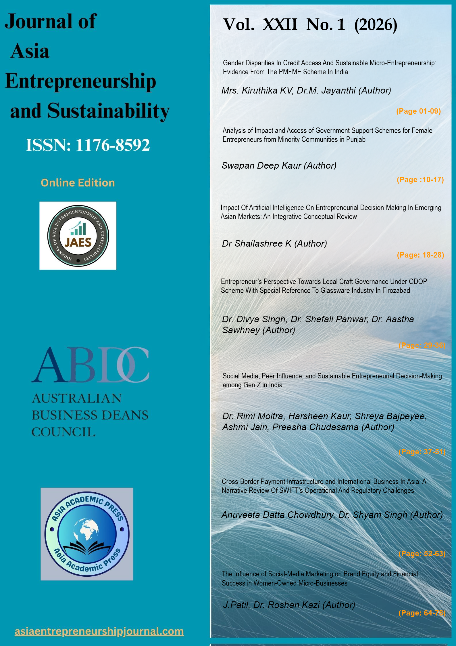 					View Vol. 22 No. 1 (2026): The Journal of Asia Entrepreneurship and Sustainability
				